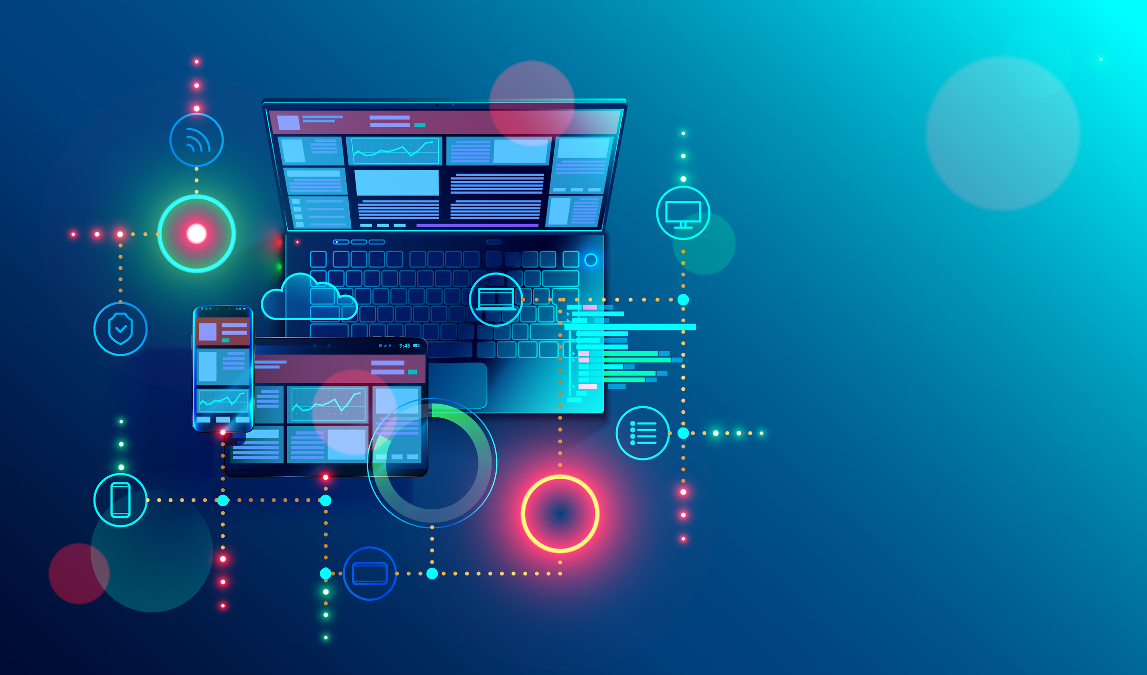 A digital drawing of a laptop on a blue background connected to data icons representing an enterprise content management system