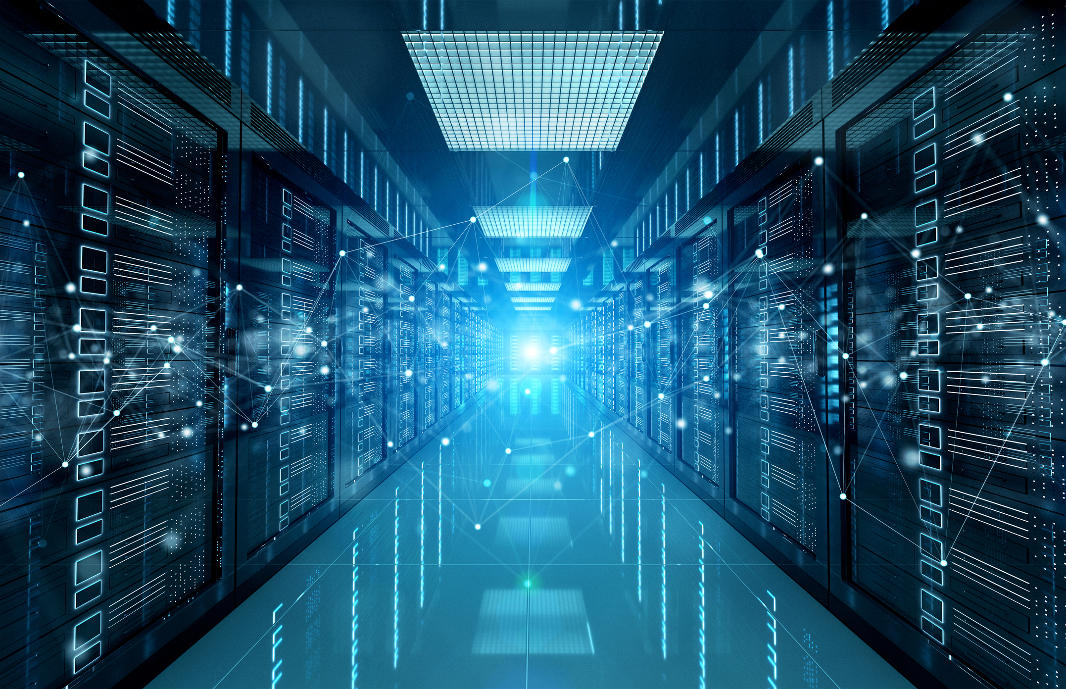 A server room overlaid with technology network, representing a cloud contact center